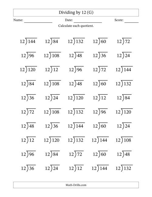 The Division Facts by a Fixed Divisor (12) and Quotients from 1 to 12 with Long Division Symbol/Bracket (50 questions) (G) Math Worksheet