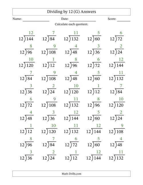 The Division Facts by a Fixed Divisor (12) and Quotients from 1 to 12 with Long Division Symbol/Bracket (50 questions) (G) Math Worksheet Page 2