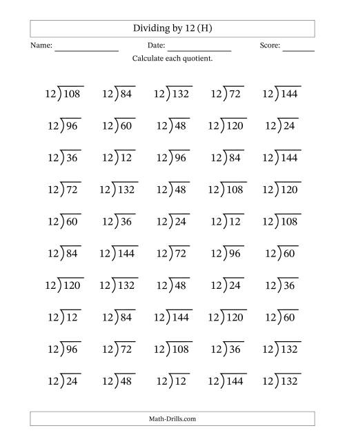 The Division Facts by a Fixed Divisor (12) and Quotients from 1 to 12 with Long Division Symbol/Bracket (50 questions) (H) Math Worksheet