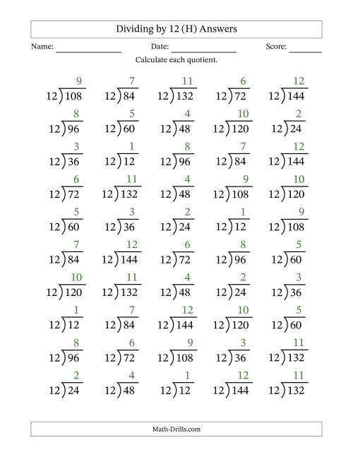 The Division Facts by a Fixed Divisor (12) and Quotients from 1 to 12 with Long Division Symbol/Bracket (50 questions) (H) Math Worksheet Page 2