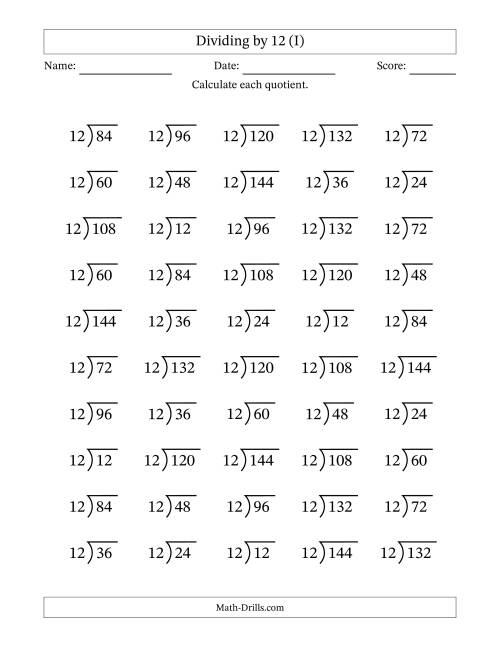 The Division Facts by a Fixed Divisor (12) and Quotients from 1 to 12 with Long Division Symbol/Bracket (50 questions) (I) Math Worksheet