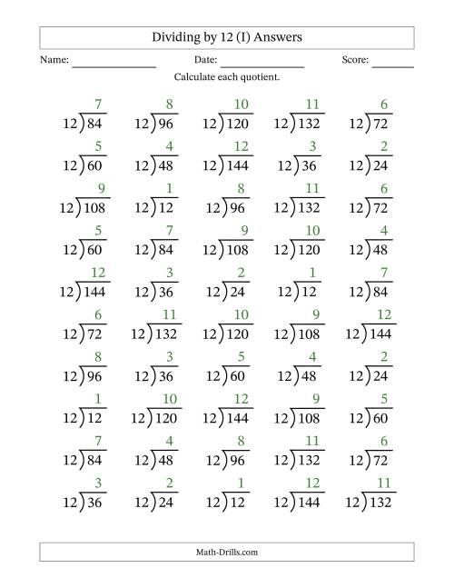 The Division Facts by a Fixed Divisor (12) and Quotients from 1 to 12 with Long Division Symbol/Bracket (50 questions) (I) Math Worksheet Page 2