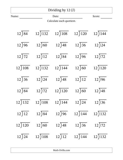 The Division Facts by a Fixed Divisor (12) and Quotients from 1 to 12 with Long Division Symbol/Bracket (50 questions) (J) Math Worksheet