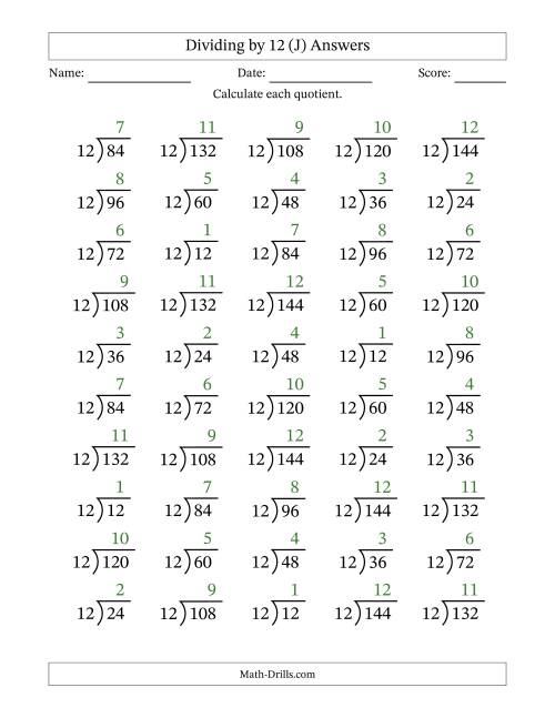 The Division Facts by a Fixed Divisor (12) and Quotients from 1 to 12 with Long Division Symbol/Bracket (50 questions) (J) Math Worksheet Page 2