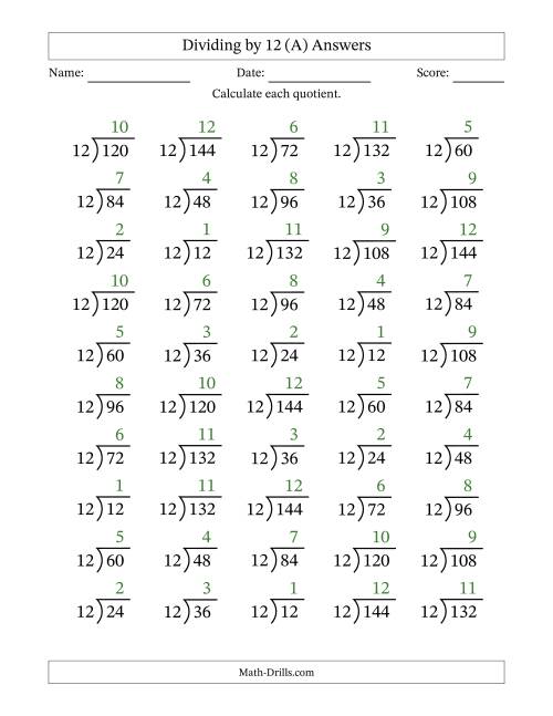 The Division Facts by a Fixed Divisor (12) and Quotients from 1 to 12 with Long Division Symbol/Bracket (50 questions) (All) Math Worksheet Page 2