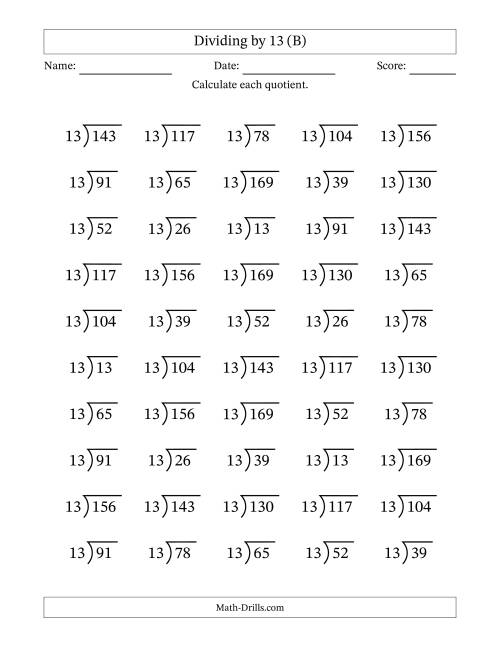 The Division Facts by a Fixed Divisor (13) and Quotients from 1 to 13 with Long Division Symbol/Bracket (50 questions) (B) Math Worksheet