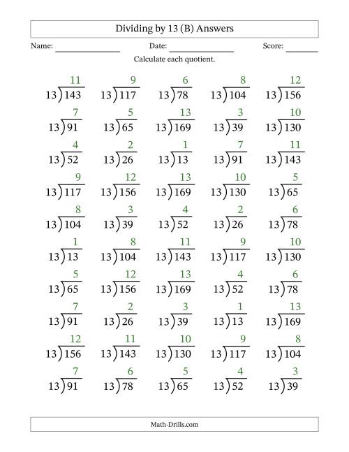 The Division Facts by a Fixed Divisor (13) and Quotients from 1 to 13 with Long Division Symbol/Bracket (50 questions) (B) Math Worksheet Page 2