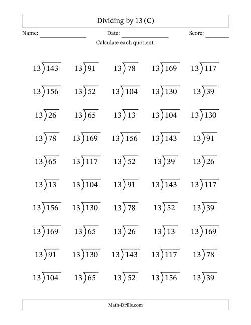 The Division Facts by a Fixed Divisor (13) and Quotients from 1 to 13 with Long Division Symbol/Bracket (50 questions) (C) Math Worksheet