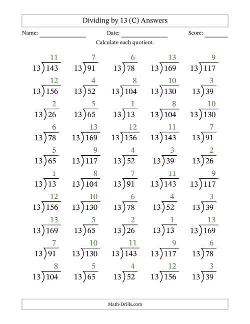 The Division Facts by a Fixed Divisor (13) and Quotients from 1 to 13 with Long Division Symbol/Bracket (50 questions) (C) Math Worksheet Page 2