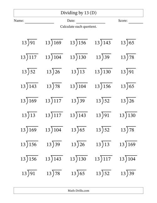 The Division Facts by a Fixed Divisor (13) and Quotients from 1 to 13 with Long Division Symbol/Bracket (50 questions) (D) Math Worksheet