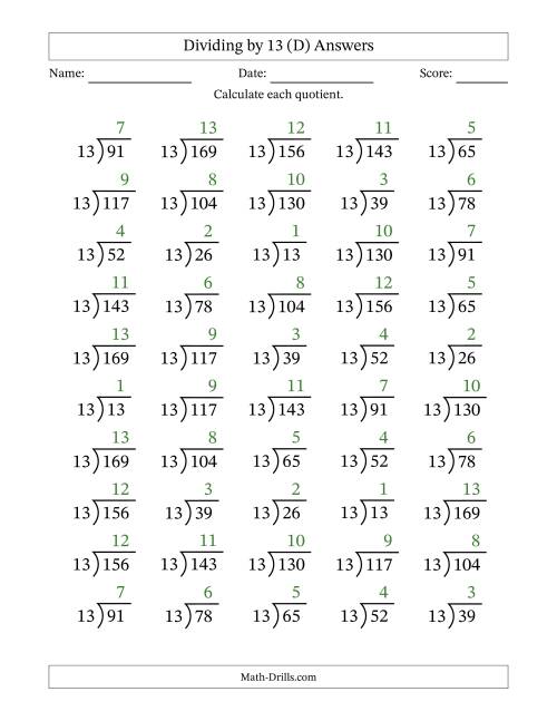 The Division Facts by a Fixed Divisor (13) and Quotients from 1 to 13 with Long Division Symbol/Bracket (50 questions) (D) Math Worksheet Page 2