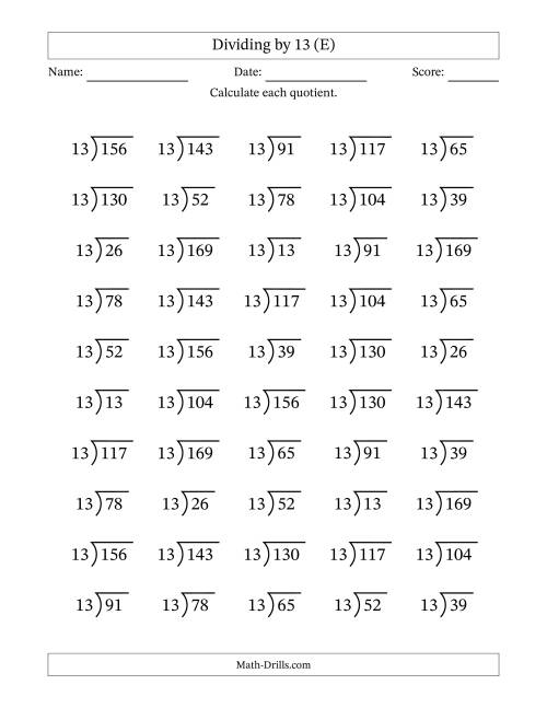 The Division Facts by a Fixed Divisor (13) and Quotients from 1 to 13 with Long Division Symbol/Bracket (50 questions) (E) Math Worksheet