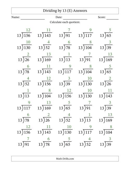 The Division Facts by a Fixed Divisor (13) and Quotients from 1 to 13 with Long Division Symbol/Bracket (50 questions) (E) Math Worksheet Page 2