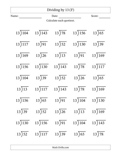The Division Facts by a Fixed Divisor (13) and Quotients from 1 to 13 with Long Division Symbol/Bracket (50 questions) (F) Math Worksheet