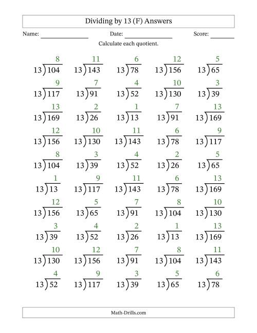 The Division Facts by a Fixed Divisor (13) and Quotients from 1 to 13 with Long Division Symbol/Bracket (50 questions) (F) Math Worksheet Page 2