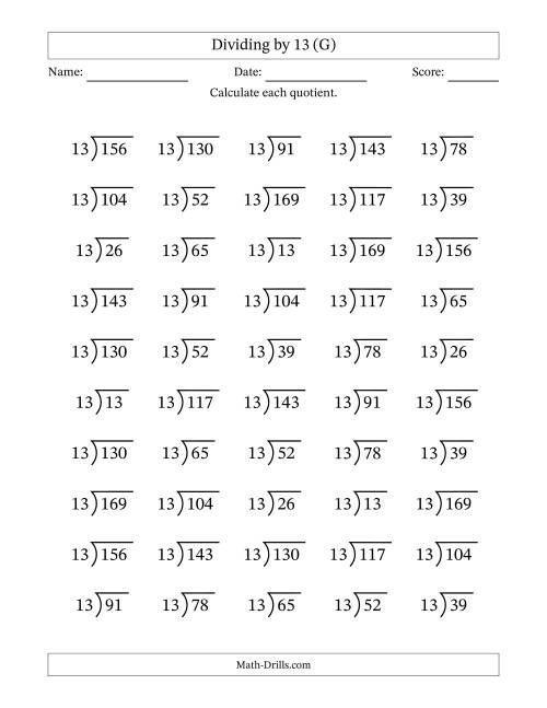 The Division Facts by a Fixed Divisor (13) and Quotients from 1 to 13 with Long Division Symbol/Bracket (50 questions) (G) Math Worksheet