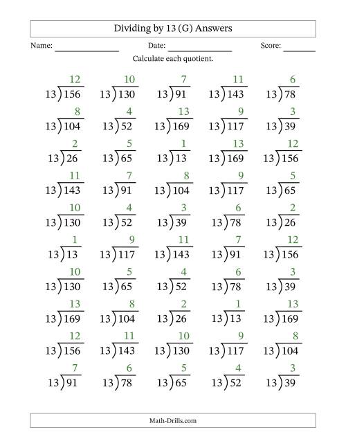 The Division Facts by a Fixed Divisor (13) and Quotients from 1 to 13 with Long Division Symbol/Bracket (50 questions) (G) Math Worksheet Page 2