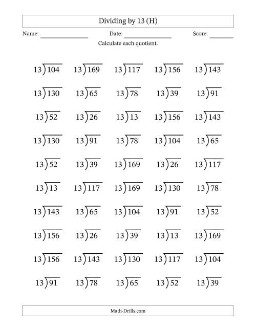 The Division Facts by a Fixed Divisor (13) and Quotients from 1 to 13 with Long Division Symbol/Bracket (50 questions) (H) Math Worksheet