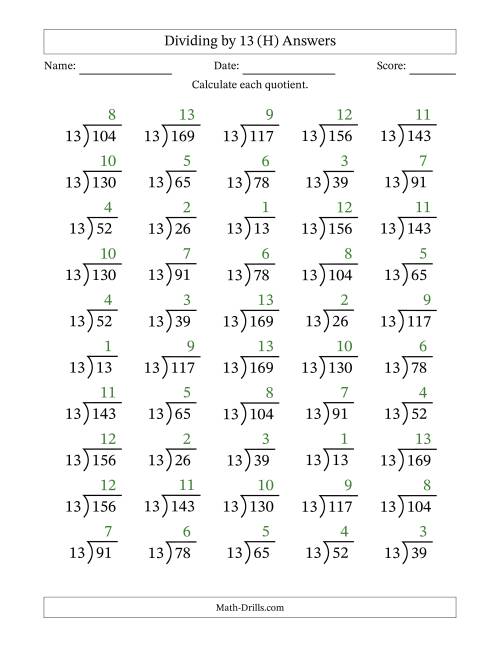 The Division Facts by a Fixed Divisor (13) and Quotients from 1 to 13 with Long Division Symbol/Bracket (50 questions) (H) Math Worksheet Page 2