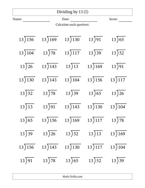 The Division Facts by a Fixed Divisor (13) and Quotients from 1 to 13 with Long Division Symbol/Bracket (50 questions) (I) Math Worksheet