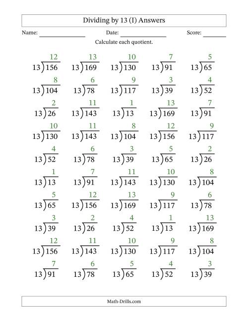 The Division Facts by a Fixed Divisor (13) and Quotients from 1 to 13 with Long Division Symbol/Bracket (50 questions) (I) Math Worksheet Page 2
