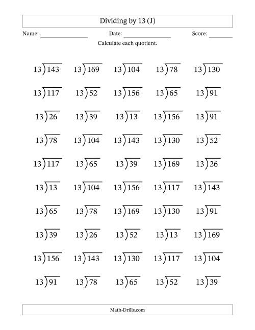 The Division Facts by a Fixed Divisor (13) and Quotients from 1 to 13 with Long Division Symbol/Bracket (50 questions) (J) Math Worksheet