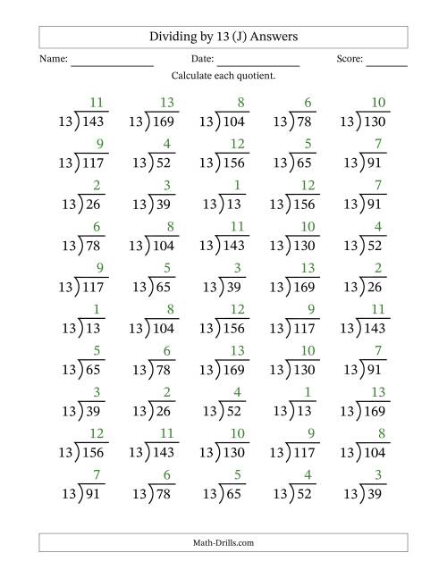 The Division Facts by a Fixed Divisor (13) and Quotients from 1 to 13 with Long Division Symbol/Bracket (50 questions) (J) Math Worksheet Page 2
