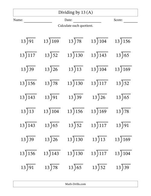 The Division Facts by a Fixed Divisor (13) and Quotients from 1 to 13 with Long Division Symbol/Bracket (50 questions) (All) Math Worksheet