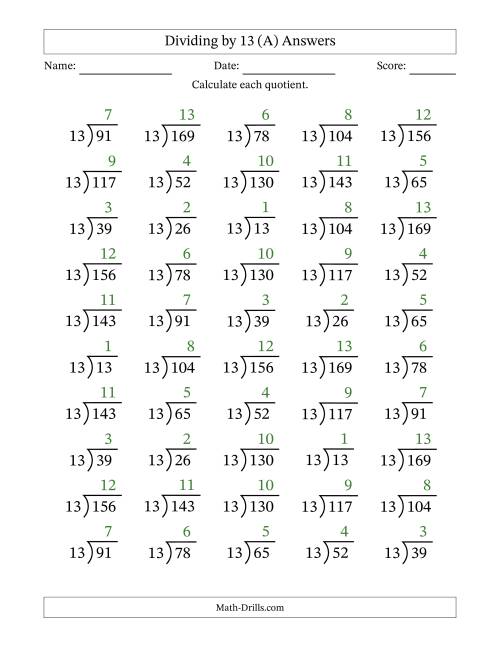 The Division Facts by a Fixed Divisor (13) and Quotients from 1 to 13 with Long Division Symbol/Bracket (50 questions) (All) Math Worksheet Page 2