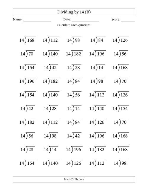 The Division Facts by a Fixed Divisor (14) and Quotients from 1 to 14 with Long Division Symbol/Bracket (50 questions) (B) Math Worksheet