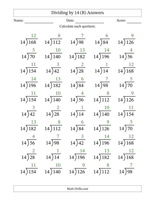 The Division Facts by a Fixed Divisor (14) and Quotients from 1 to 14 with Long Division Symbol/Bracket (50 questions) (B) Math Worksheet Page 2