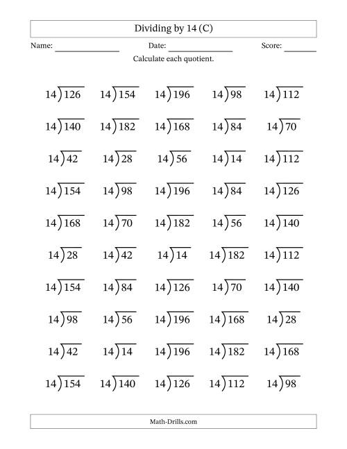 The Division Facts by a Fixed Divisor (14) and Quotients from 1 to 14 with Long Division Symbol/Bracket (50 questions) (C) Math Worksheet