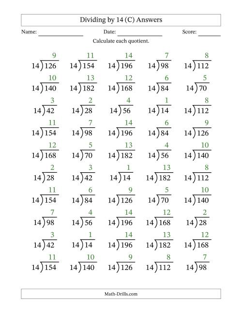 The Division Facts by a Fixed Divisor (14) and Quotients from 1 to 14 with Long Division Symbol/Bracket (50 questions) (C) Math Worksheet Page 2
