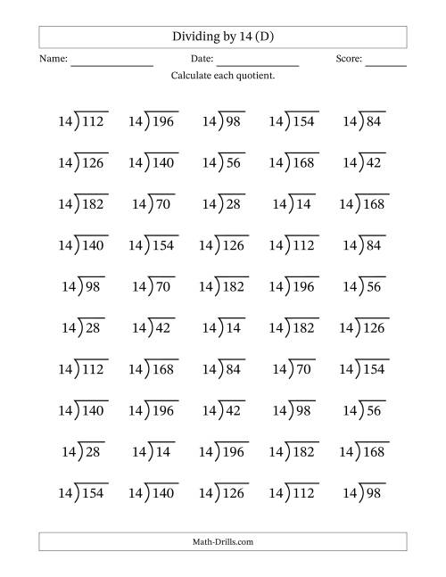 The Division Facts by a Fixed Divisor (14) and Quotients from 1 to 14 with Long Division Symbol/Bracket (50 questions) (D) Math Worksheet