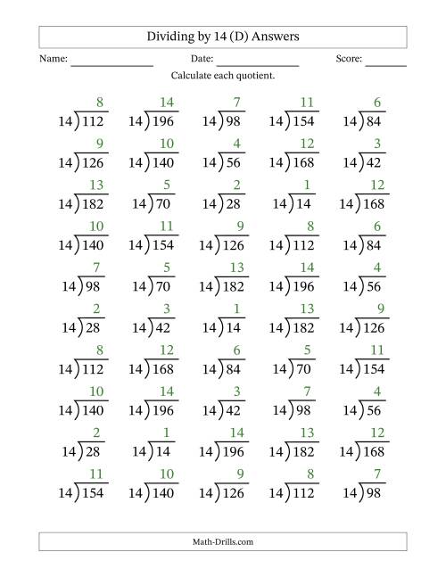 The Division Facts by a Fixed Divisor (14) and Quotients from 1 to 14 with Long Division Symbol/Bracket (50 questions) (D) Math Worksheet Page 2