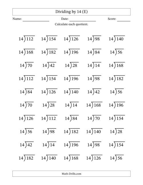 The Division Facts by a Fixed Divisor (14) and Quotients from 1 to 14 with Long Division Symbol/Bracket (50 questions) (E) Math Worksheet