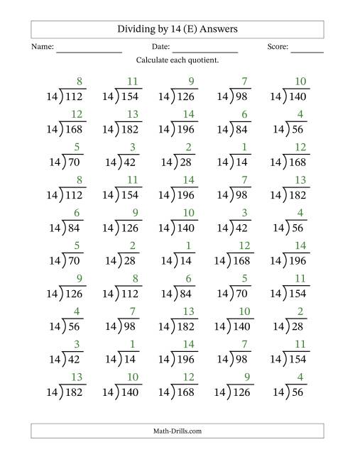 The Division Facts by a Fixed Divisor (14) and Quotients from 1 to 14 with Long Division Symbol/Bracket (50 questions) (E) Math Worksheet Page 2