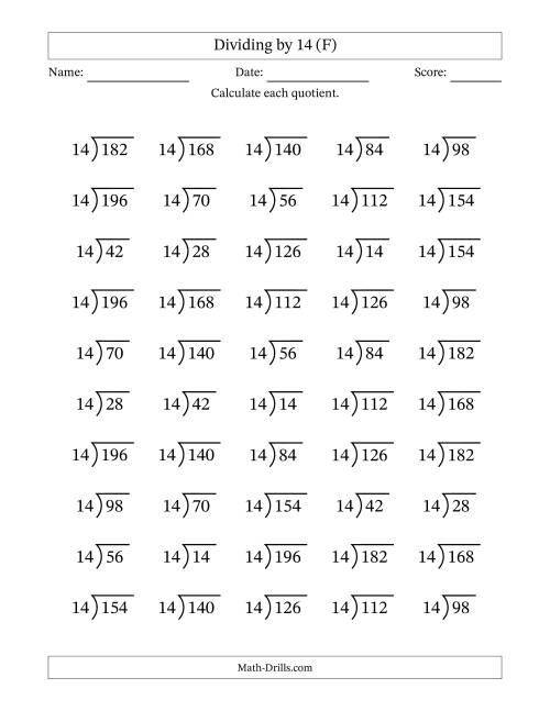 The Division Facts by a Fixed Divisor (14) and Quotients from 1 to 14 with Long Division Symbol/Bracket (50 questions) (F) Math Worksheet