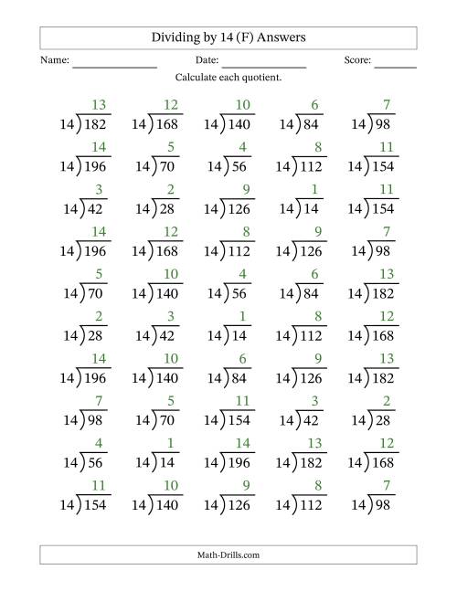 The Division Facts by a Fixed Divisor (14) and Quotients from 1 to 14 with Long Division Symbol/Bracket (50 questions) (F) Math Worksheet Page 2