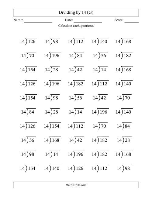 The Division Facts by a Fixed Divisor (14) and Quotients from 1 to 14 with Long Division Symbol/Bracket (50 questions) (G) Math Worksheet