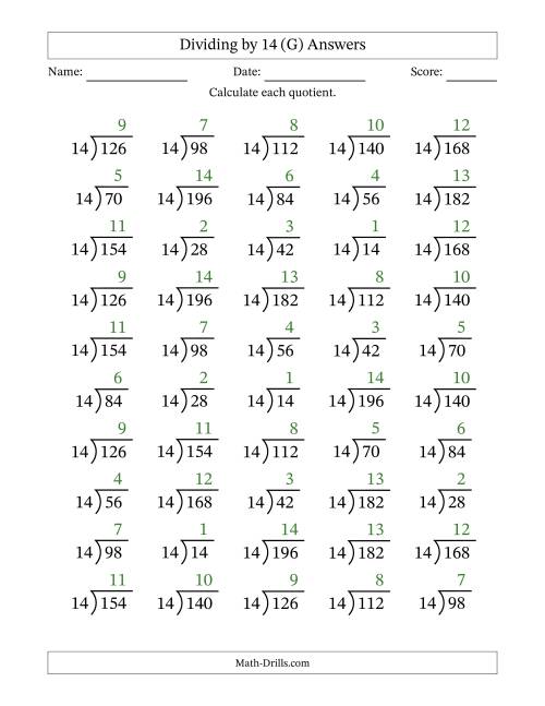 The Division Facts by a Fixed Divisor (14) and Quotients from 1 to 14 with Long Division Symbol/Bracket (50 questions) (G) Math Worksheet Page 2