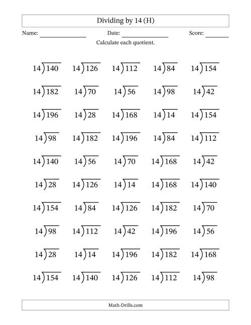 The Division Facts by a Fixed Divisor (14) and Quotients from 1 to 14 with Long Division Symbol/Bracket (50 questions) (H) Math Worksheet