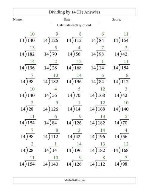 The Division Facts by a Fixed Divisor (14) and Quotients from 1 to 14 with Long Division Symbol/Bracket (50 questions) (H) Math Worksheet Page 2