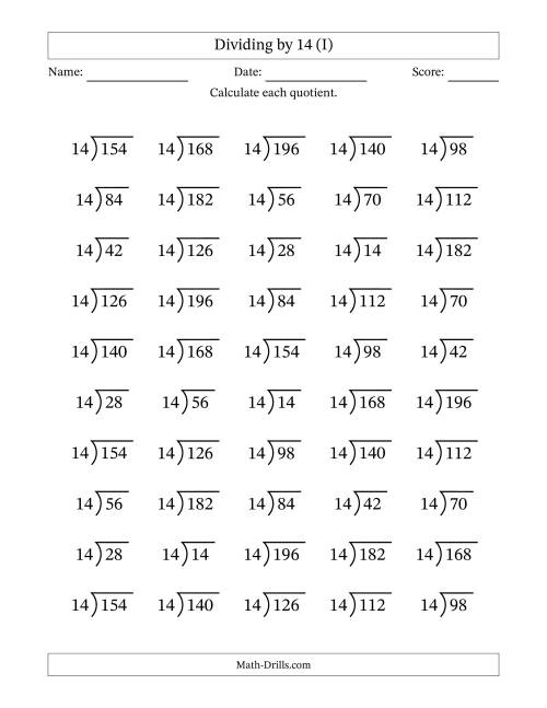 The Division Facts by a Fixed Divisor (14) and Quotients from 1 to 14 with Long Division Symbol/Bracket (50 questions) (I) Math Worksheet