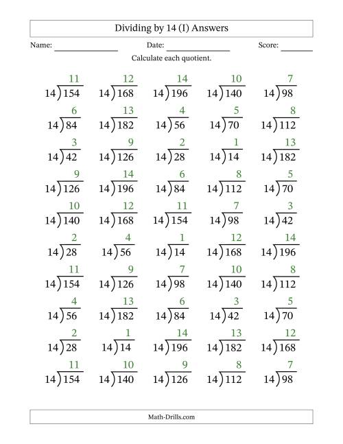 The Division Facts by a Fixed Divisor (14) and Quotients from 1 to 14 with Long Division Symbol/Bracket (50 questions) (I) Math Worksheet Page 2