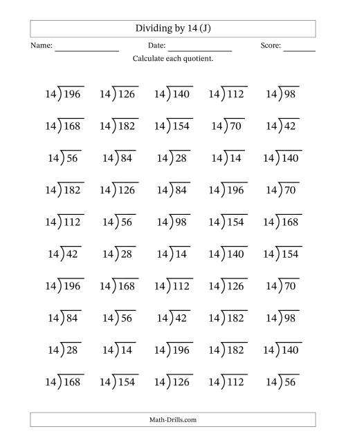 The Division Facts by a Fixed Divisor (14) and Quotients from 1 to 14 with Long Division Symbol/Bracket (50 questions) (J) Math Worksheet