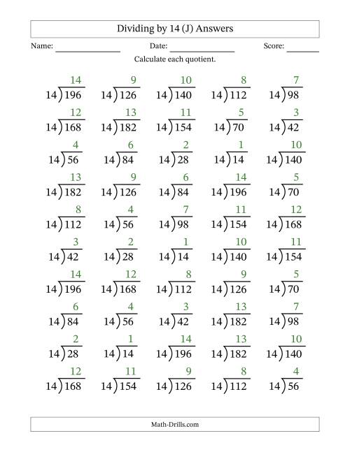 The Division Facts by a Fixed Divisor (14) and Quotients from 1 to 14 with Long Division Symbol/Bracket (50 questions) (J) Math Worksheet Page 2