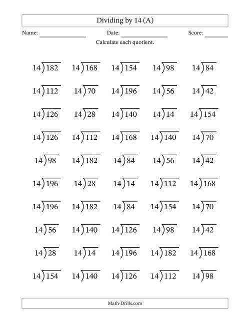 The Division Facts by a Fixed Divisor (14) and Quotients from 1 to 14 with Long Division Symbol/Bracket (50 questions) (All) Math Worksheet