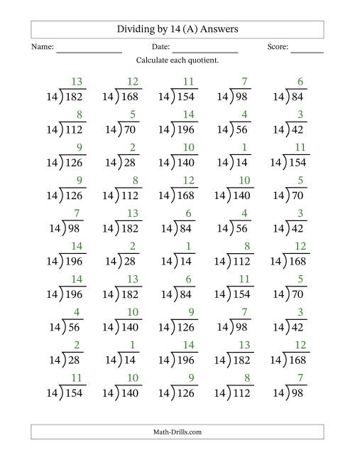 The Division Facts by a Fixed Divisor (14) and Quotients from 1 to 14 with Long Division Symbol/Bracket (50 questions) (All) Math Worksheet Page 2