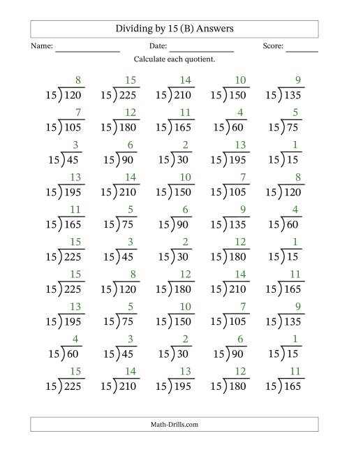 The Division Facts by a Fixed Divisor (15) and Quotients from 1 to 15 with Long Division Symbol/Bracket (50 questions) (B) Math Worksheet Page 2
